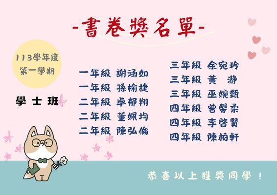 賀！本系113學年第一學期書卷獎獲獎名單圖片