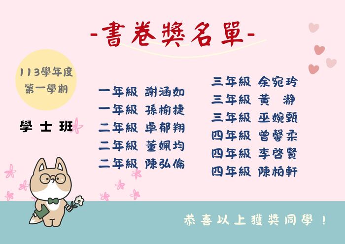 賀！本系113學年第一學期書卷獎獲獎名單圖片