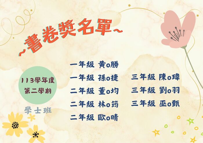 賀！113學年度第二學期書卷獎獲獎名單圖片