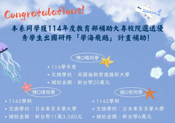 恭賀！本系同學獲114年度教育部補助大專校院選送優秀學生出國研修「學海飛颺」計畫補助圖片